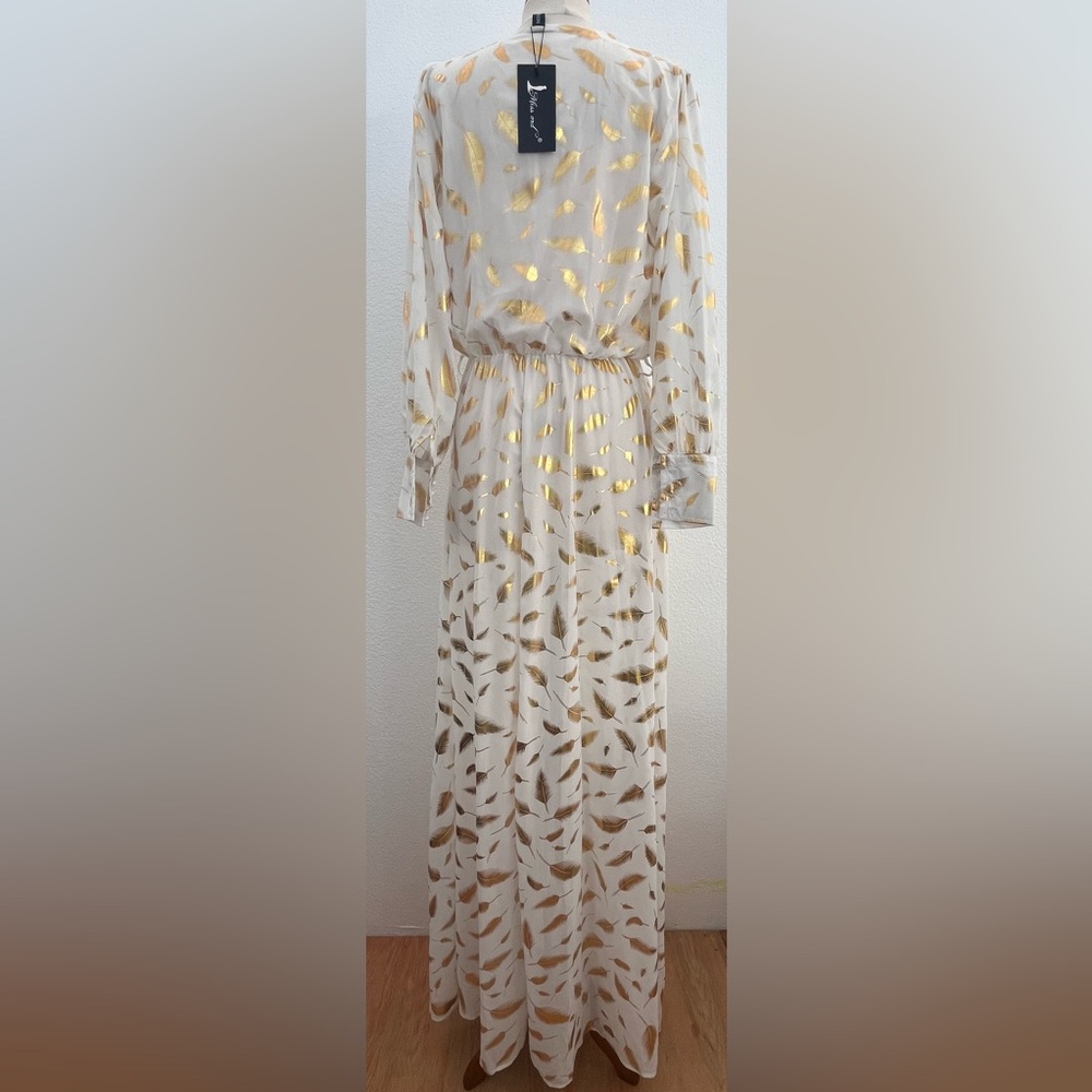 NWT Miss Ord Sheer Long Sleeve Feather Patrn High Slit Women's Maxi Cover Dress. - Picture 4 of 16